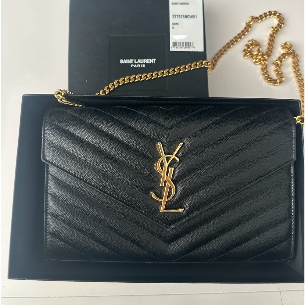 Saint Laurent YSL Monogram Large Wallet on Chain in Grained Leather